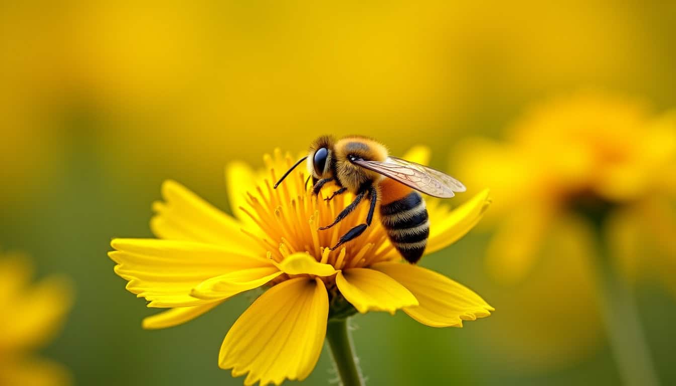 Abeille butinant une fleur jaune, pollinisation, insecte utile, environnement naturel.