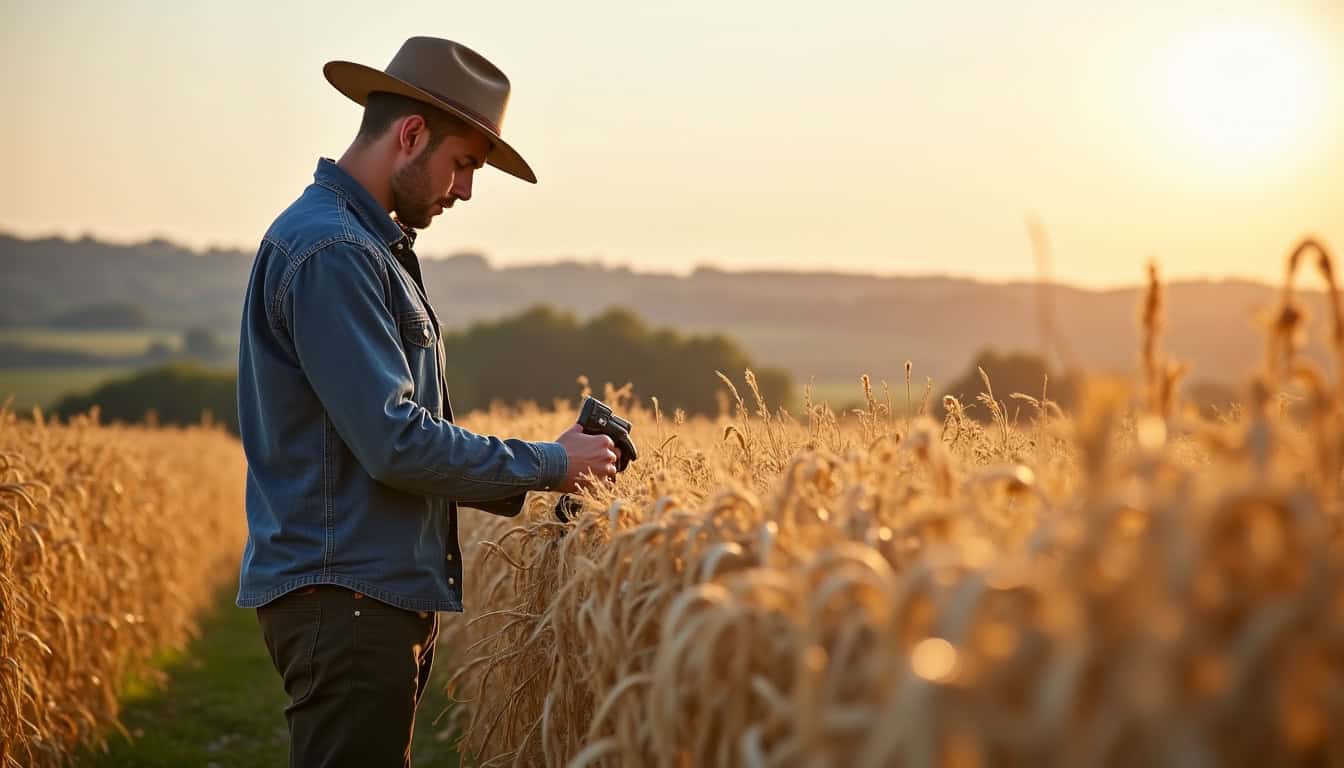 Agriculteur en train d’étalonner son semoir au bord d’un champ avant de commencer le semis