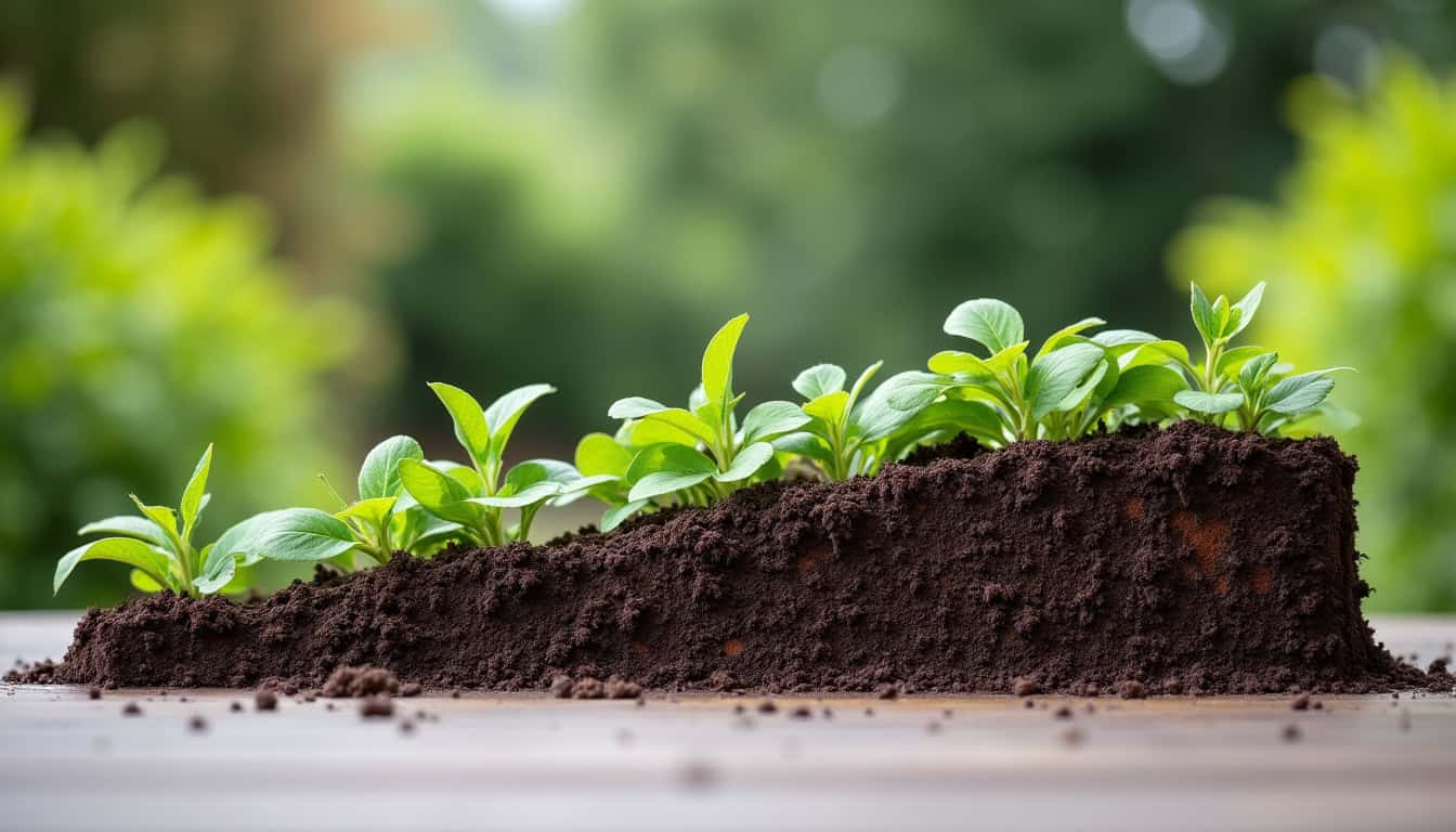 Plantes en terre avec sol sombre.