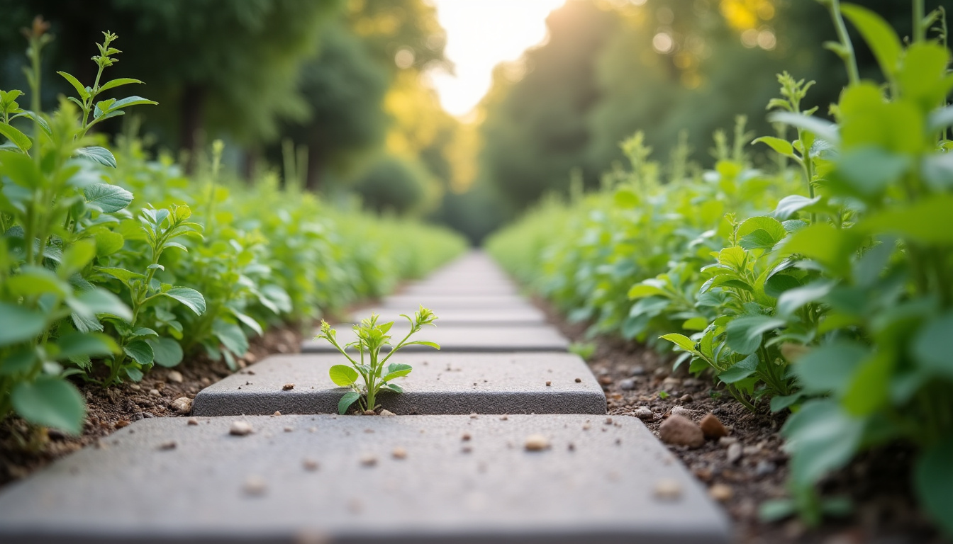 Application du désherbeur thermique sur des jeunes pousses de mauvaises herbes dans une allée en pavés
