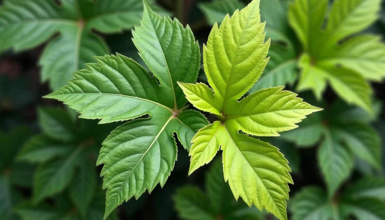 Comparaison de feuilles vertes et jaunissantes dans un jardin, illustrant les signes de carence en chlorophylle