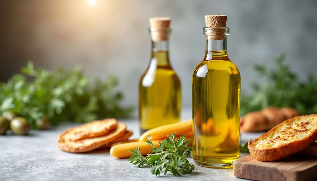 Comparaison visuelle entre huile d’olive et huile de colza sur une table de cuisine, avec des aliments crus et cuits