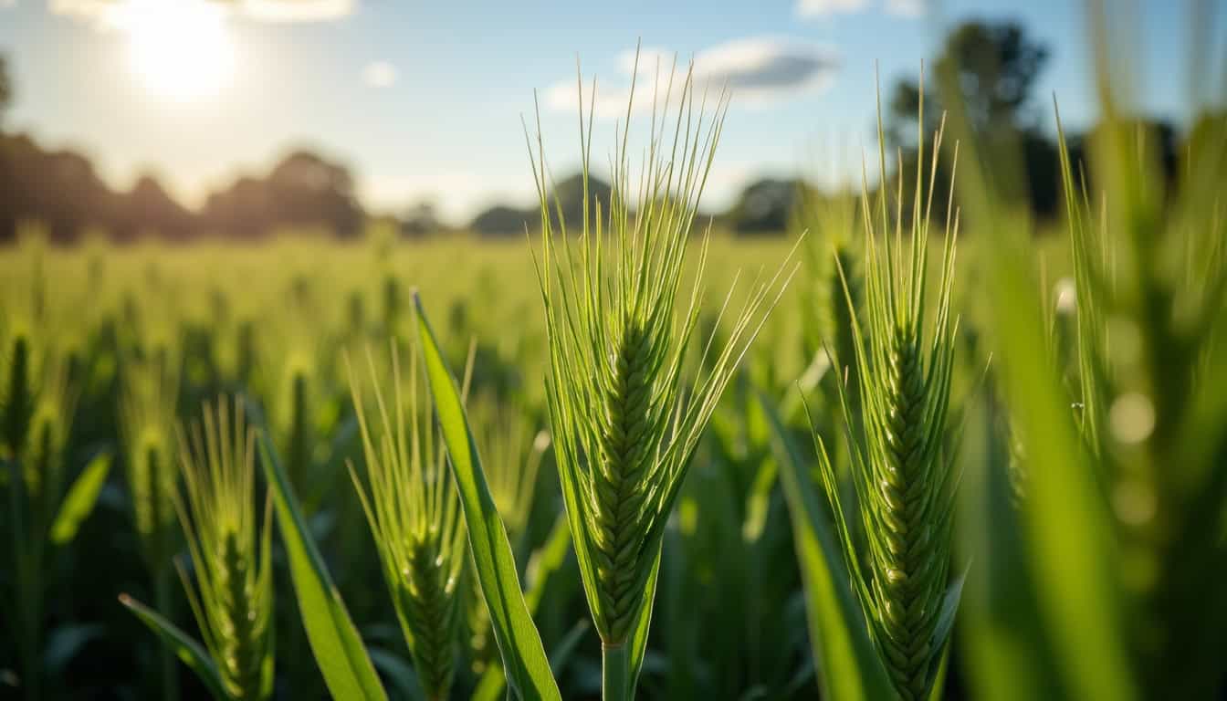 Épi de blé vert sous la lumière du soleil, image agricole de qualité.