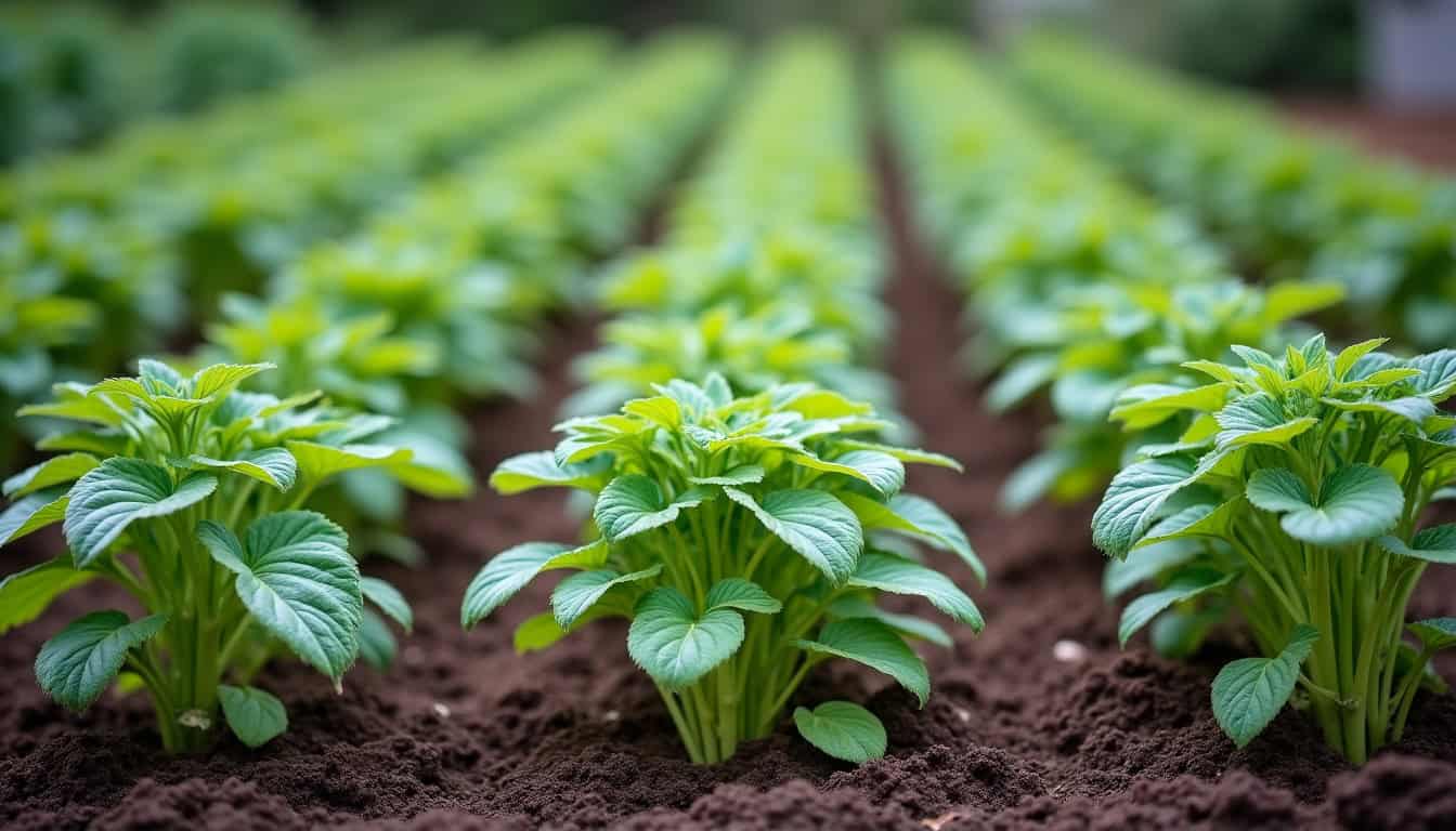 Un jardin avec des jeunes plants verts en pleine croissance dans un sol riche.