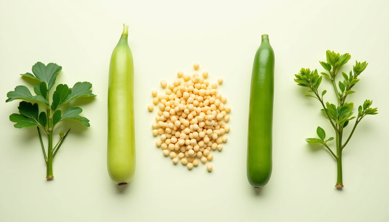 Différentes variétés de soja: gousses vertes fraîches, graines sèches et plants en croissance