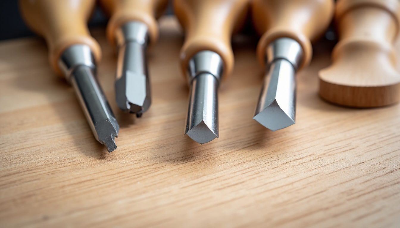 Disposition des différents outils de tournage sur bois: gouges, racloirs, mandrins et burins sur un établi bien rangé