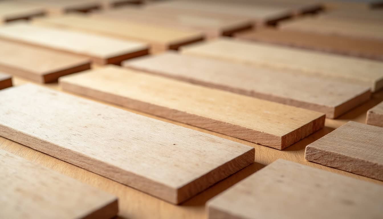 Échantillons de bois avec leurs caractéristiques techniques affichées