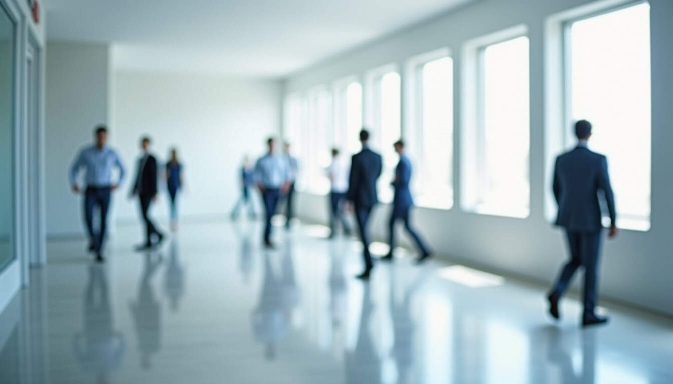 Interprétation: Groupe de personnes en costume dans un espace moderne, symbolisant progrès et professionnalisme.