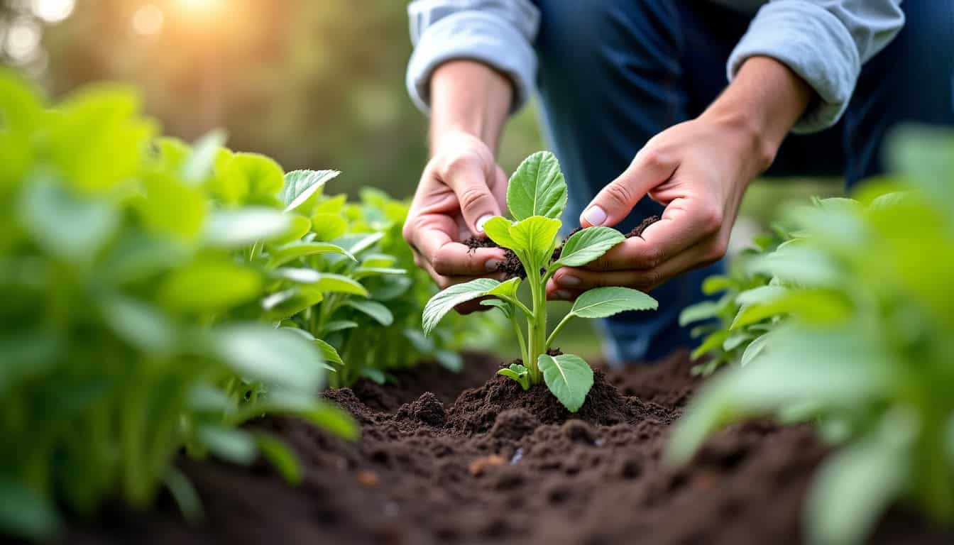 Jardinier appliquant un engrais naturel au pied de plantes vertes, illustrant les bonnes pratiques de fertilisation