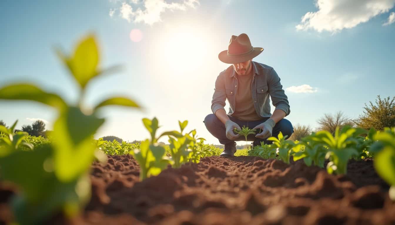 Épandage de jeunes plants de légumes en pleine terre sous un soleil éclatant.