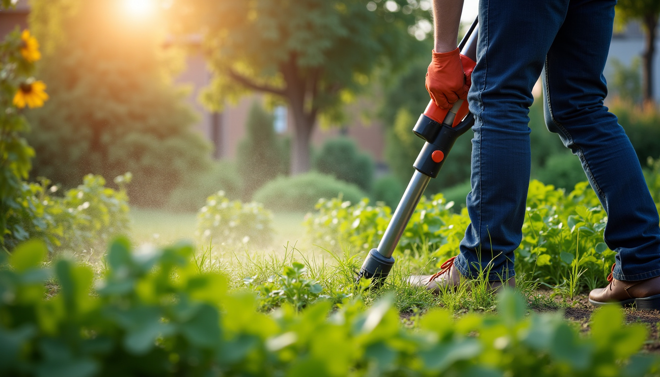 Jardinier utilisant un désherbeur thermique dans un cadre de jardinage écologique avec paillage et biodiversité