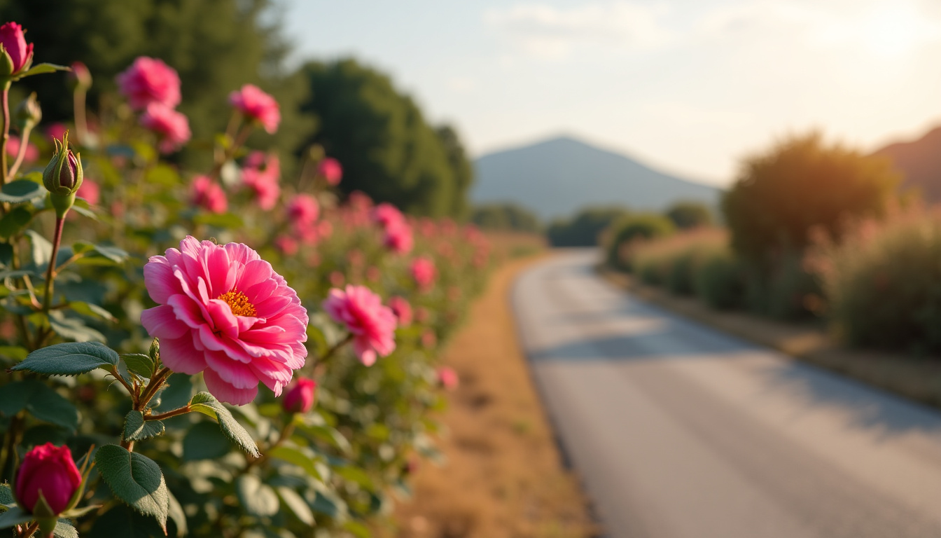 Laurier-rose en fleurs dans un paysage méditerranéen typique, bordant une route ensoleillée