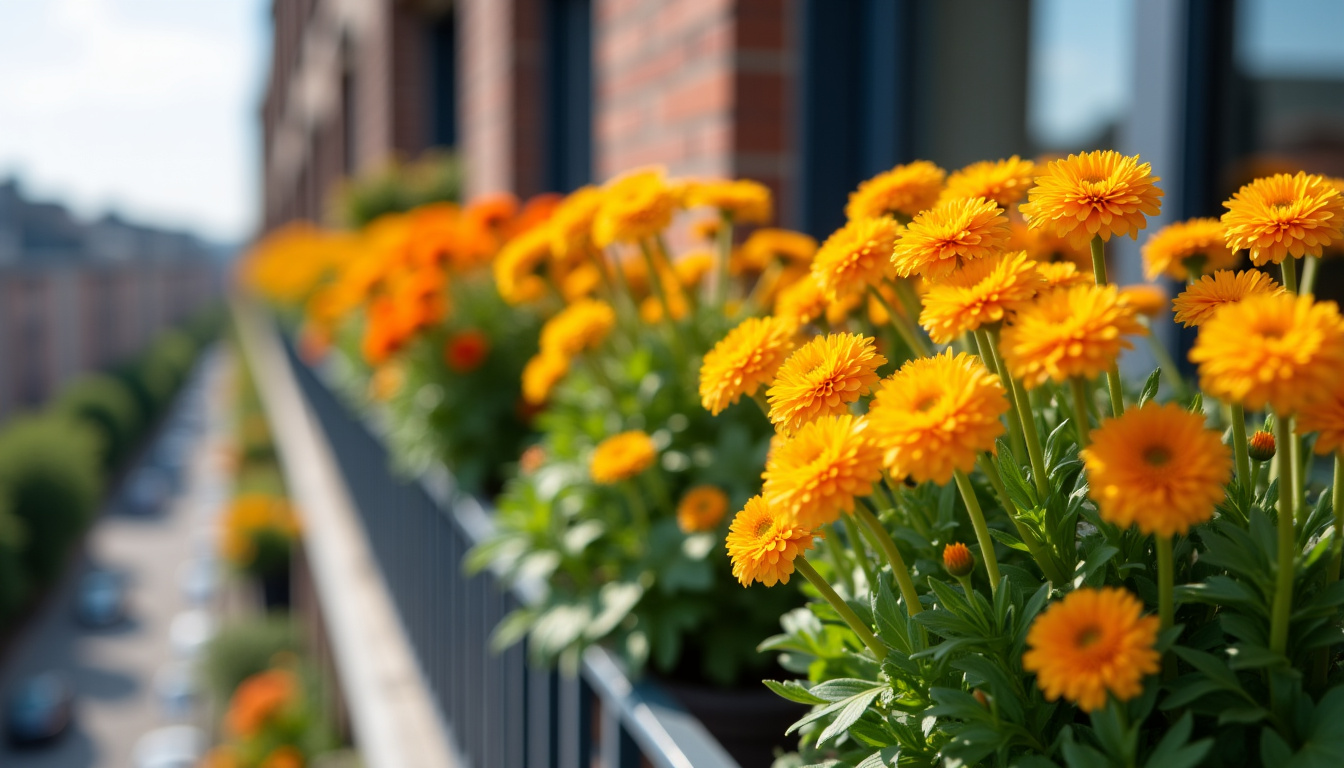 Massif fleuri composé de tagètes jaunes et orangées plantées en jardinière sur un balcon urbain