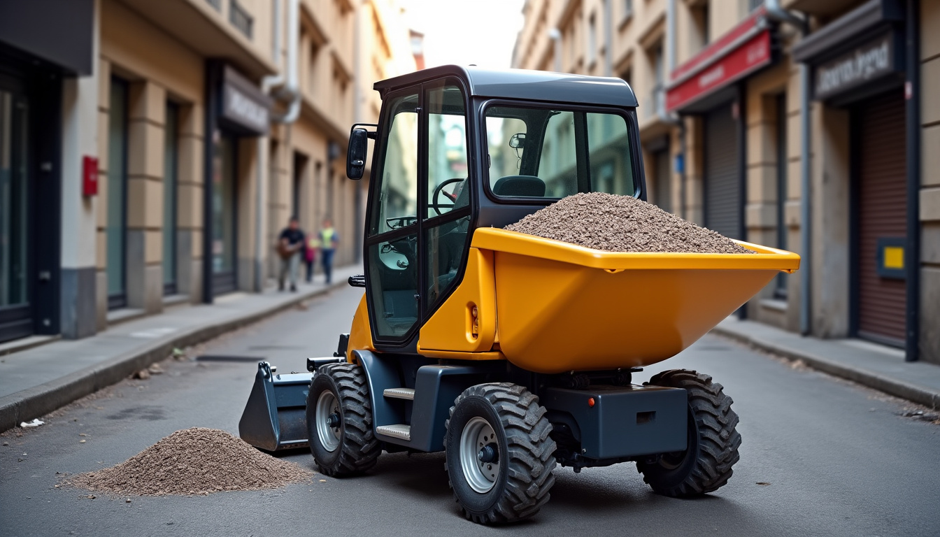 Mini-dumper en action sur un chantier urbain, transportant des gravats dans une rue étroite