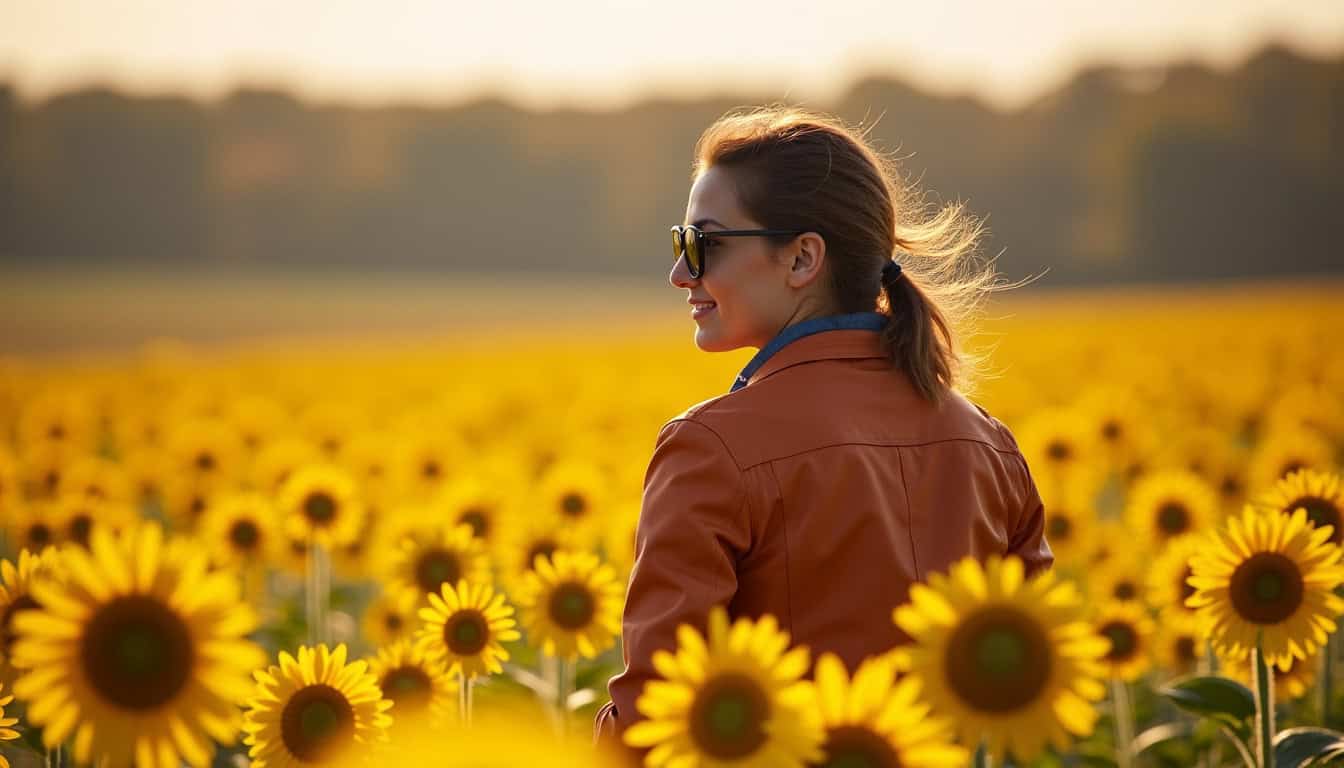 Moissonneuse-batteuse en action dans un champ de tournesol en automne