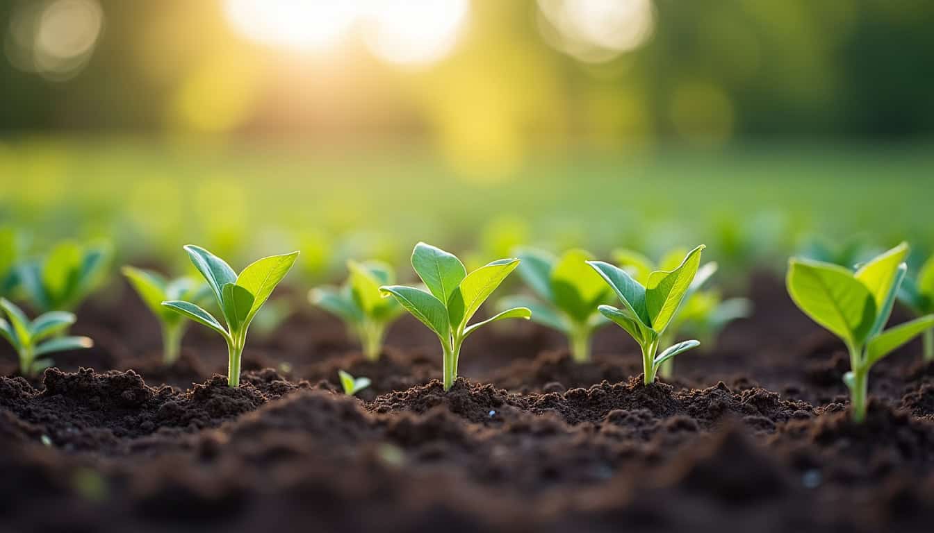 Parcelle de semis en cours de levée, montrant des jeunes pousses émergentes du sol