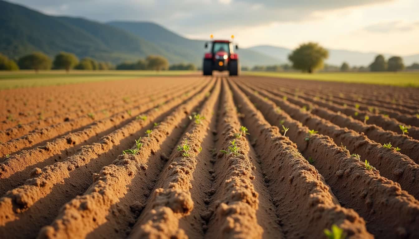 Tracteur dans un champ avec jeunes pousses, paysage agricole au coucher du soleil.