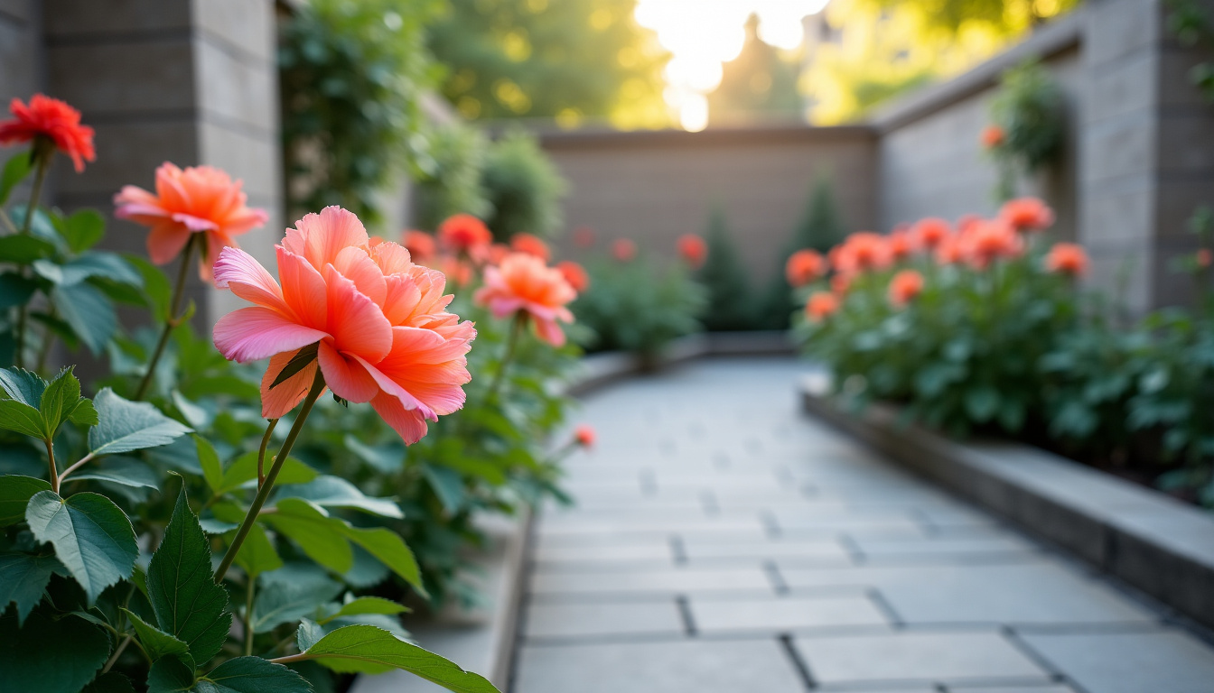 Pivoine en pleine floraison dans un petit jardin urbain entouré de murs
