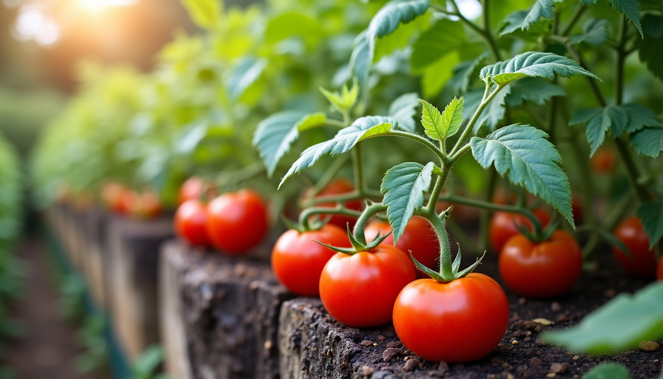 Planche de tagètes plantées entre des rangées de tomates dans un potager biologique