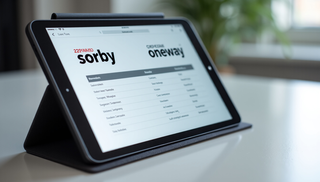 Tableau affiché sur une tablette comparant les caractéristiques techniques des gouges Sorby, Hamlet et Oneway