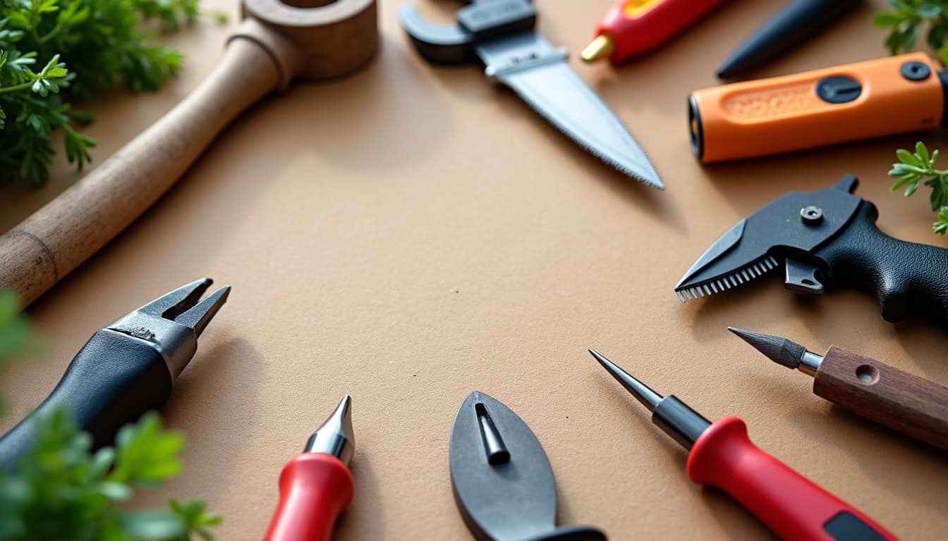 Tableau présentant les outils essentiels pour le jardinier et le bricoleur en 2026: sécateur, pelle, perceuse, niveau laser