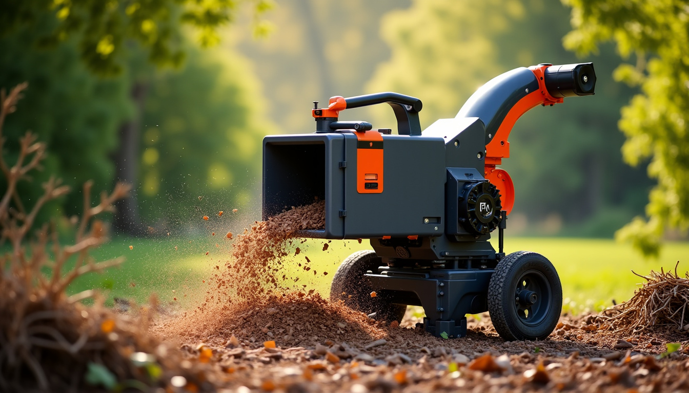 Broyeur de branches électrique en train de broyer des branches dans un jardin