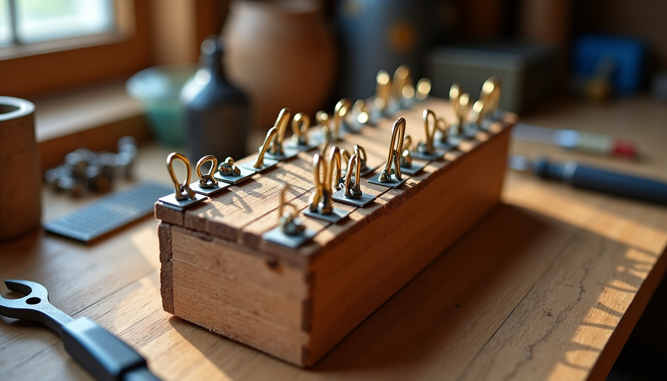 Clampophone, instrument de musique fait de trombones tendus sur une caisse en bois, en cours de fabrication