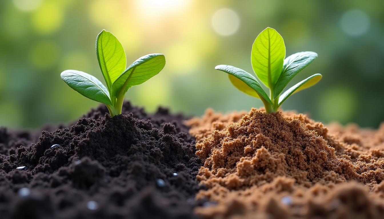 Comparaison visuelle: substrat ancien (compacté, noirâtre) à gauche, substrat frais (aéré, brun clair) à droite, avec des racines saines visibles