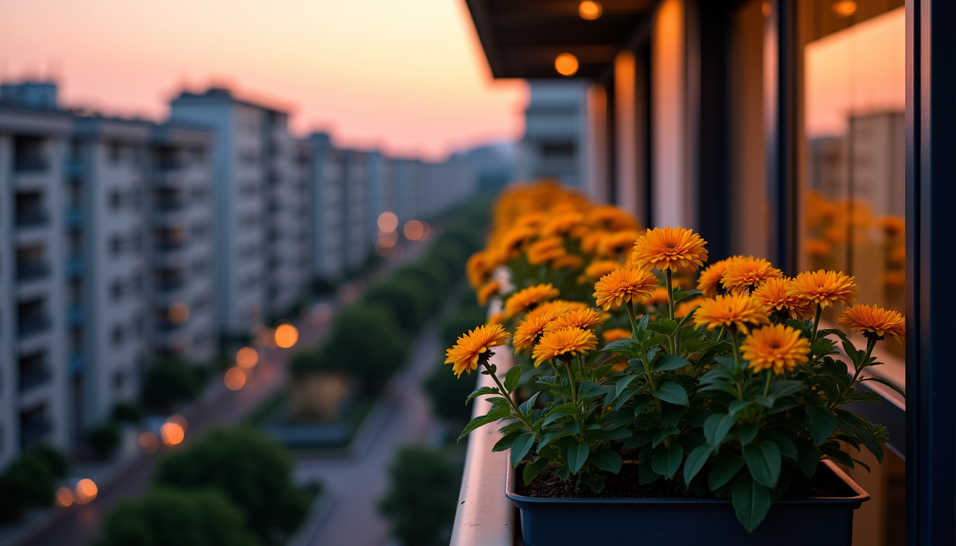 Composition de belles-de-nuit en jardinière sur un balcon urbain, en fin de journée