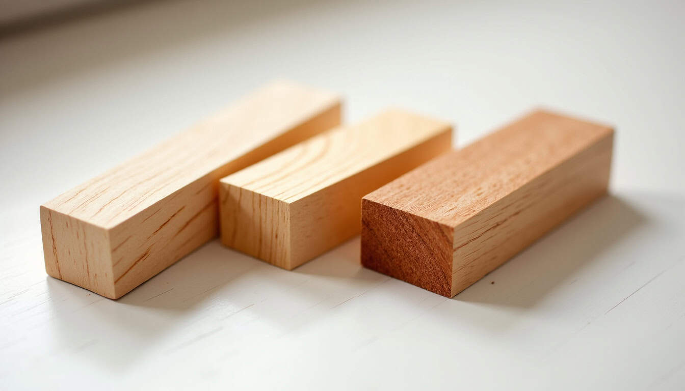 Différentes essences de bois utilisées en tournage, avec échantillons de tilleul, chêne et pommier