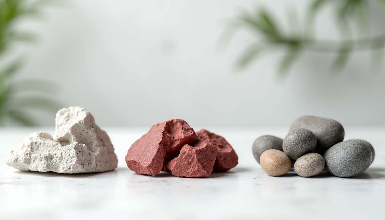 Différentes variétés de pierres pour gabion: calcaire, porphyre et galets roulés