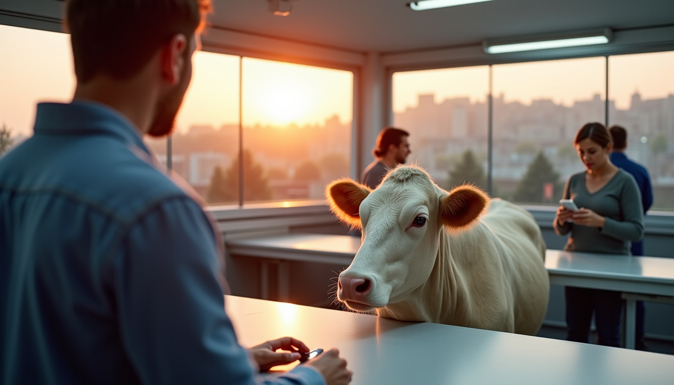 Éleveur en train de traire des vaches dans une étable moderne avec système robotisé, lumière douce du matin