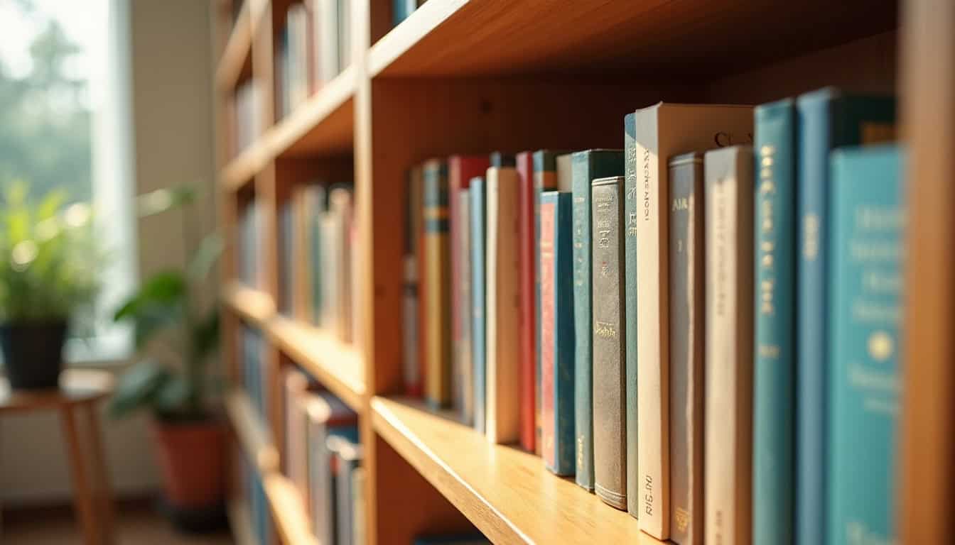 Étagère avec des livres brochés côte à côte et des albums jeunesse reliés en dessous