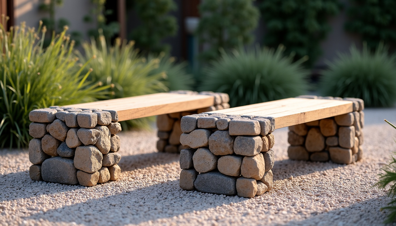 Exemple de banc et table de jardin réalisés avec des gabions décoratifs
