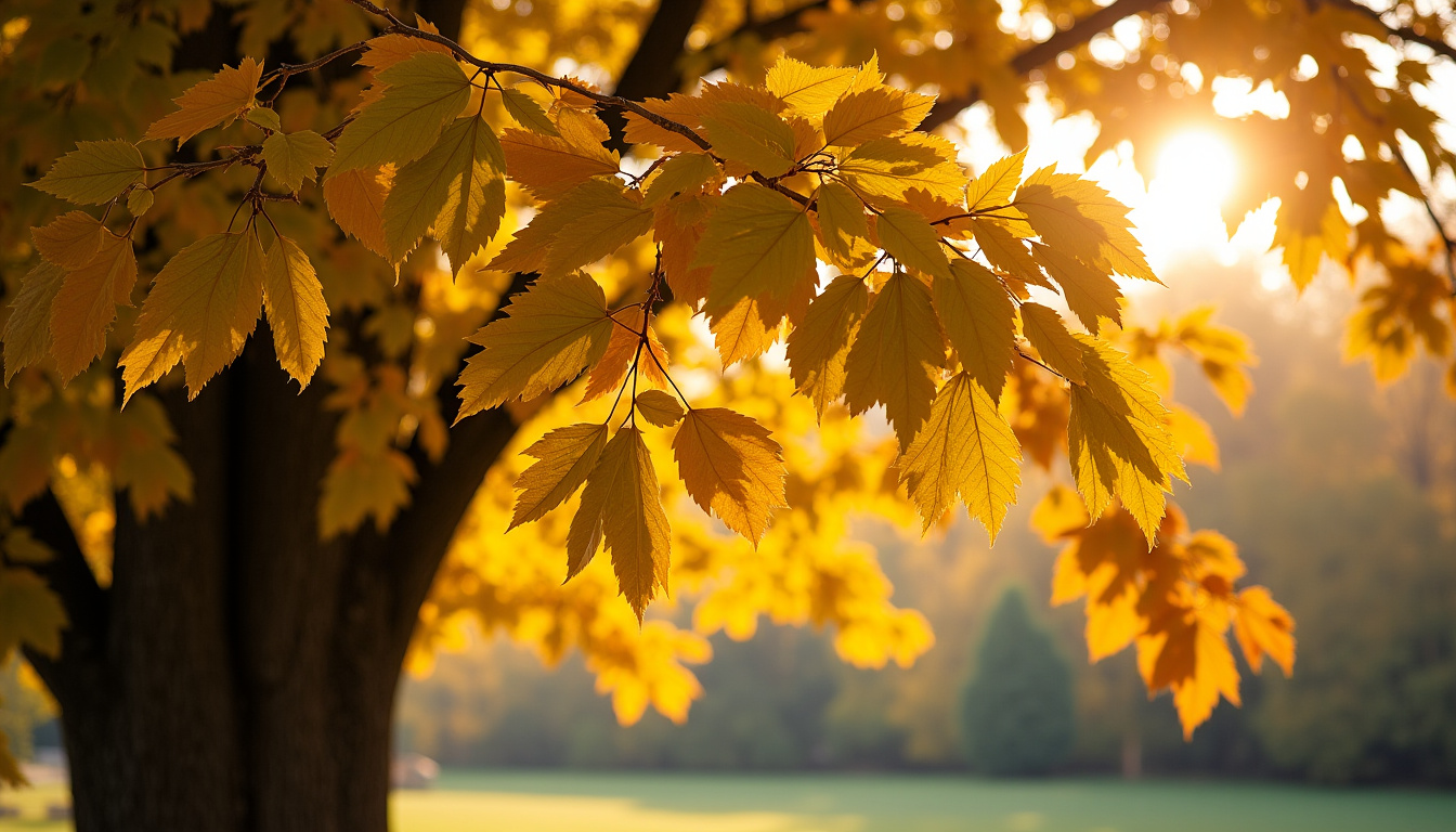 Feuillage du mûrier platane en automne, montrant les grandes feuilles découpées et leur coloration jaune d