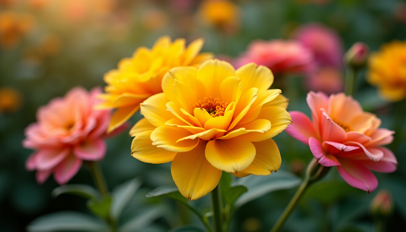 Fleurs de belles-de-nuit aux couleurs jaune et rose, ouvertes en fin de journée dans un jardin