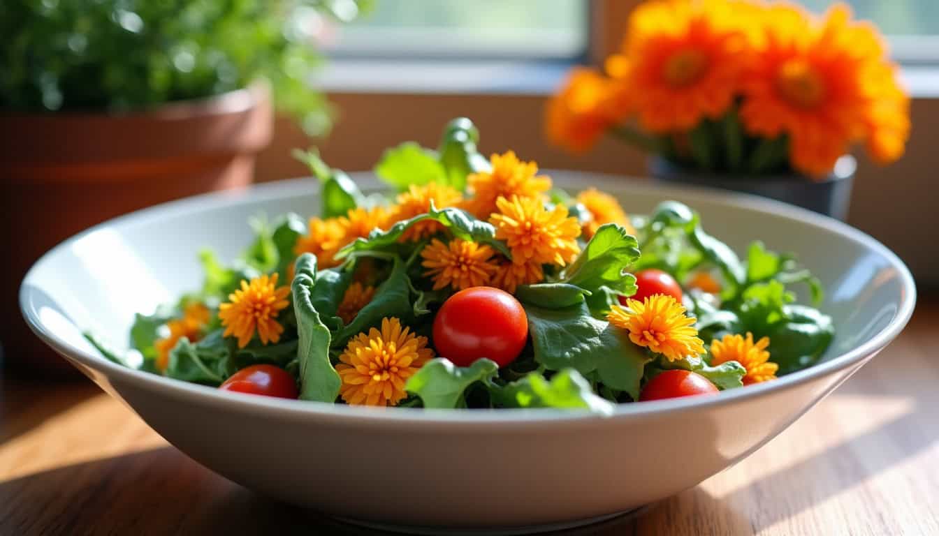 Fleurs de Tagètes utilisées comme garniture comestible dans une salade, montrant leur utilisation alimentaire possible