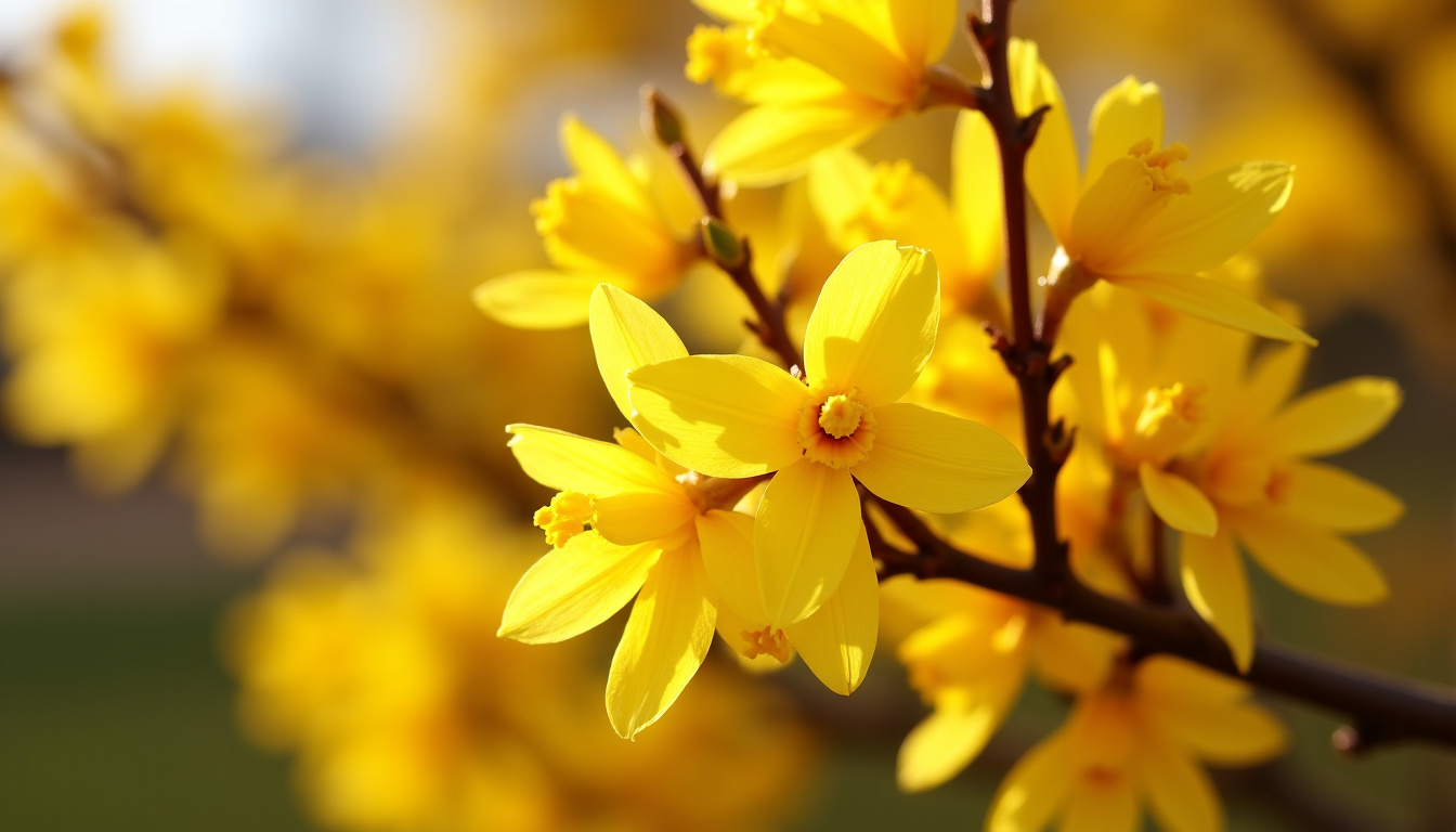 Forsythia en pleine floraison jaune vif dans un jardin printanier