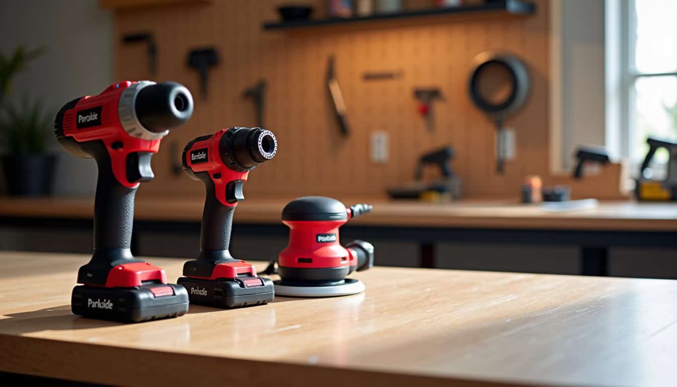 Gamme Standard Parkside exposée dans un atelier avec perceuse, ponceuse et scie sauteuse