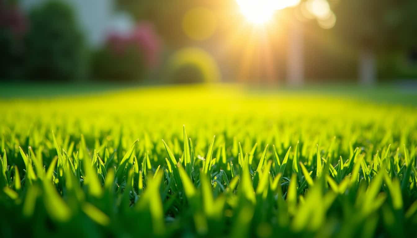 Tonte de pelouse verte ensoleillée avec lumière du matin.