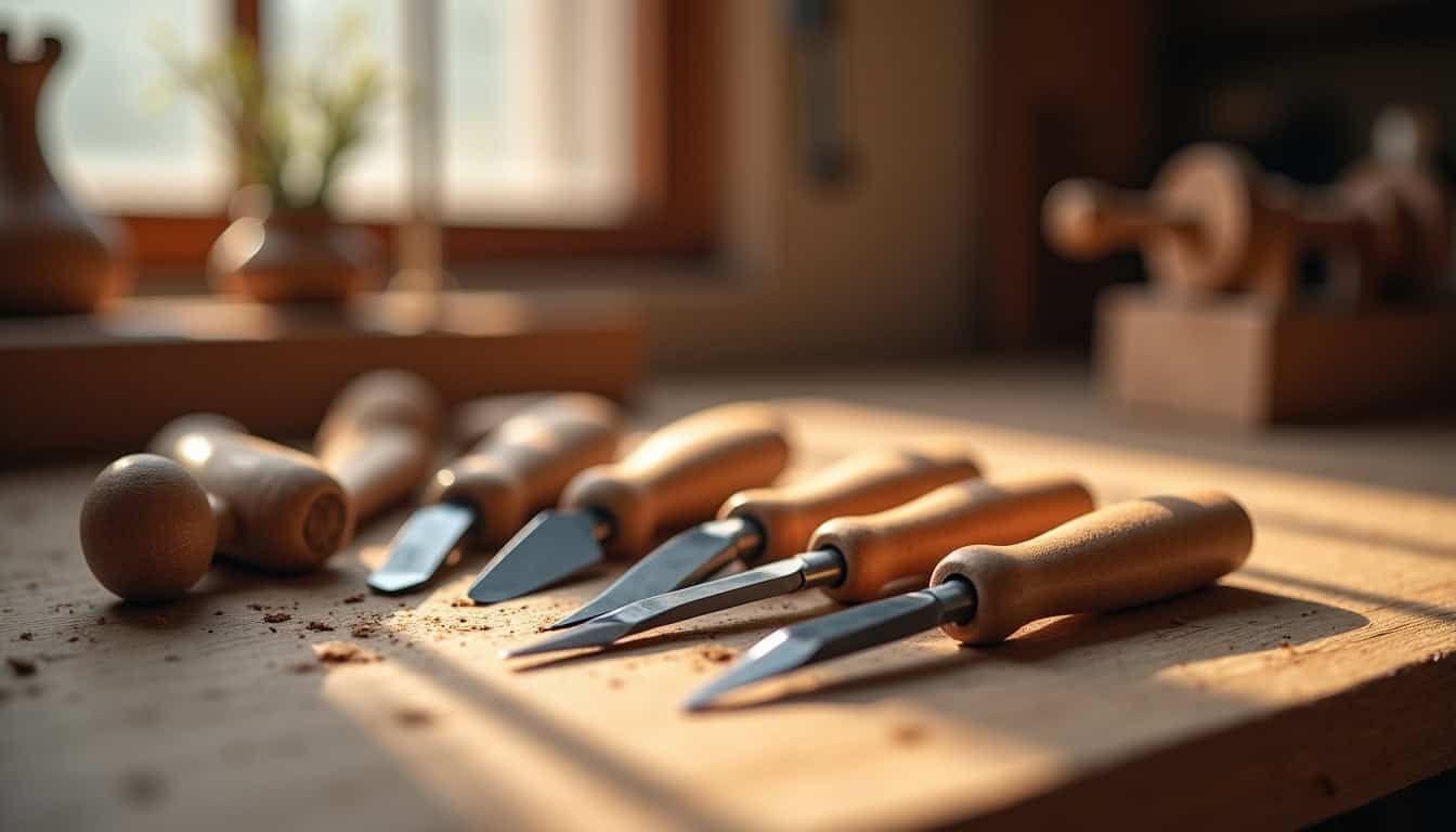 Gouges, racloirs et ciseaux à bois posés sur un établi de tourneur