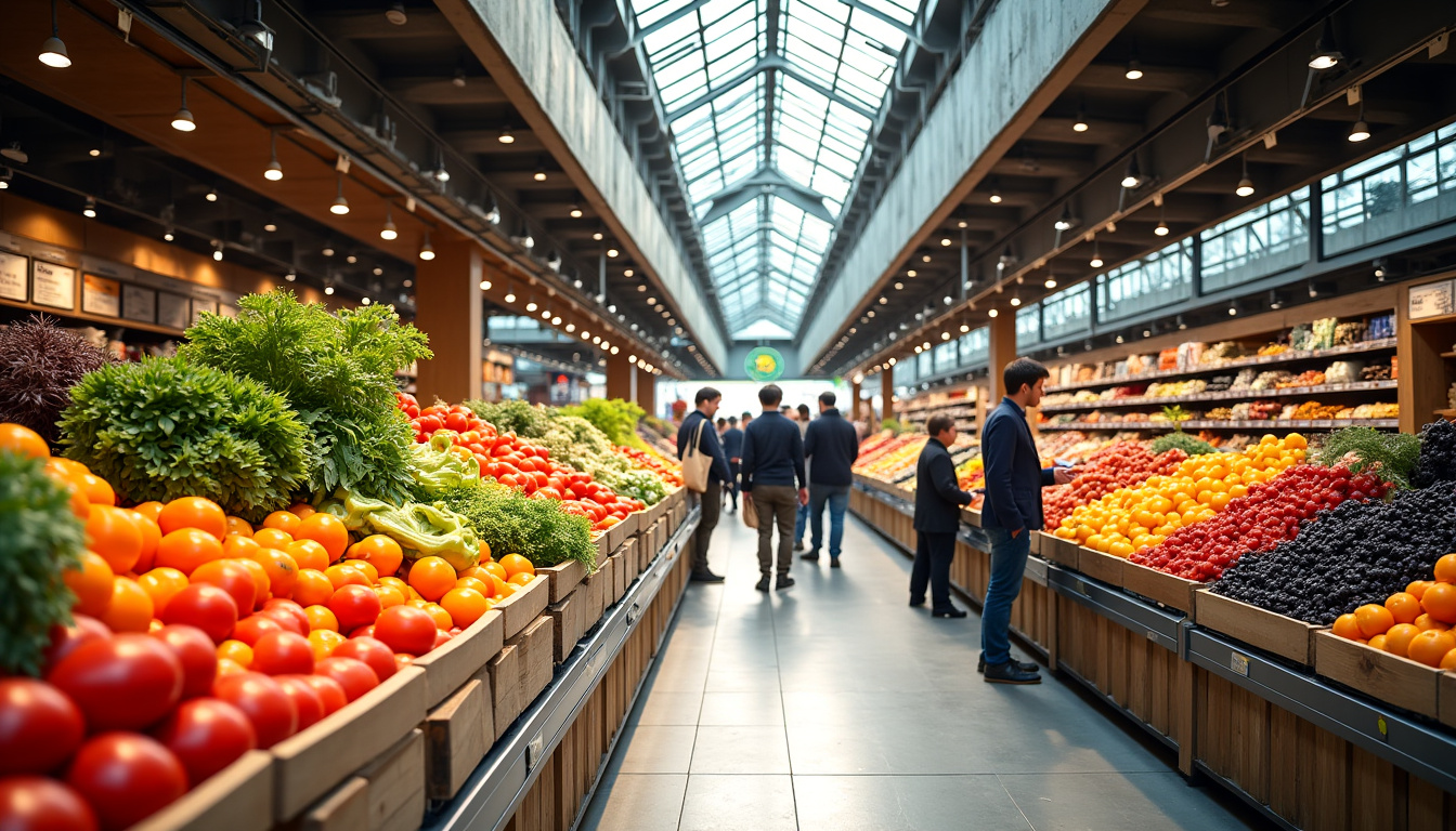 Intérieur du Marché Frais à Argenteuil, montrant un grand rayon de fruits et légumes frais et une clientèle en plein shopping