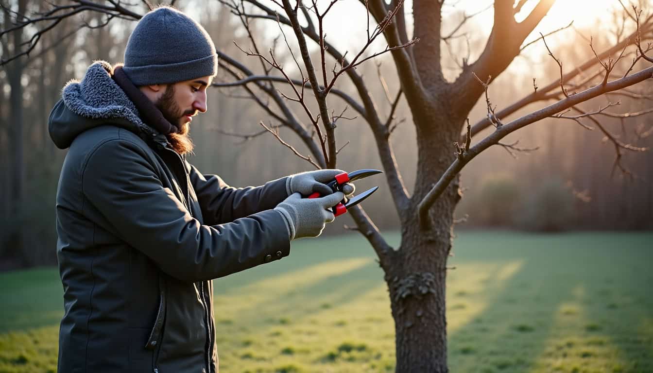 Jardinier taillant un mûrier platane en hiver, après la chute des feuilles