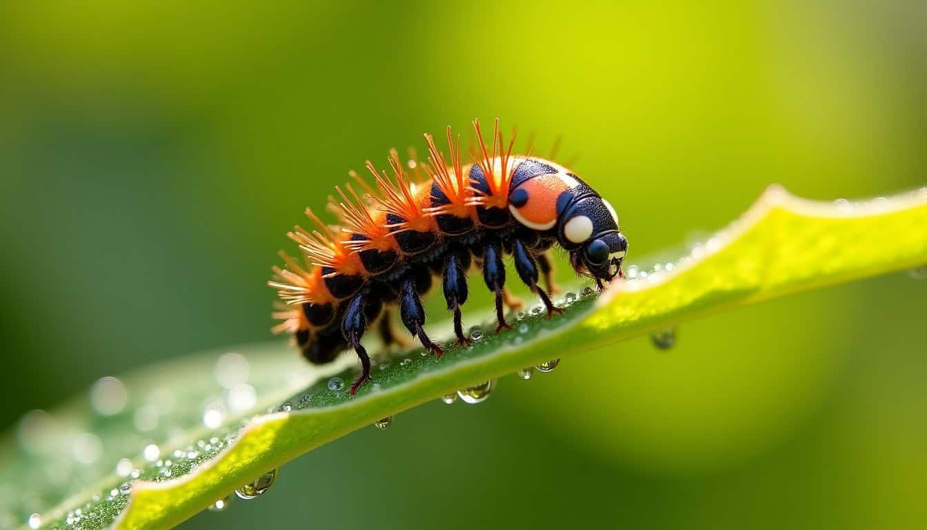 Larve de coccinelle dévorant un puceron noir sur une feuille