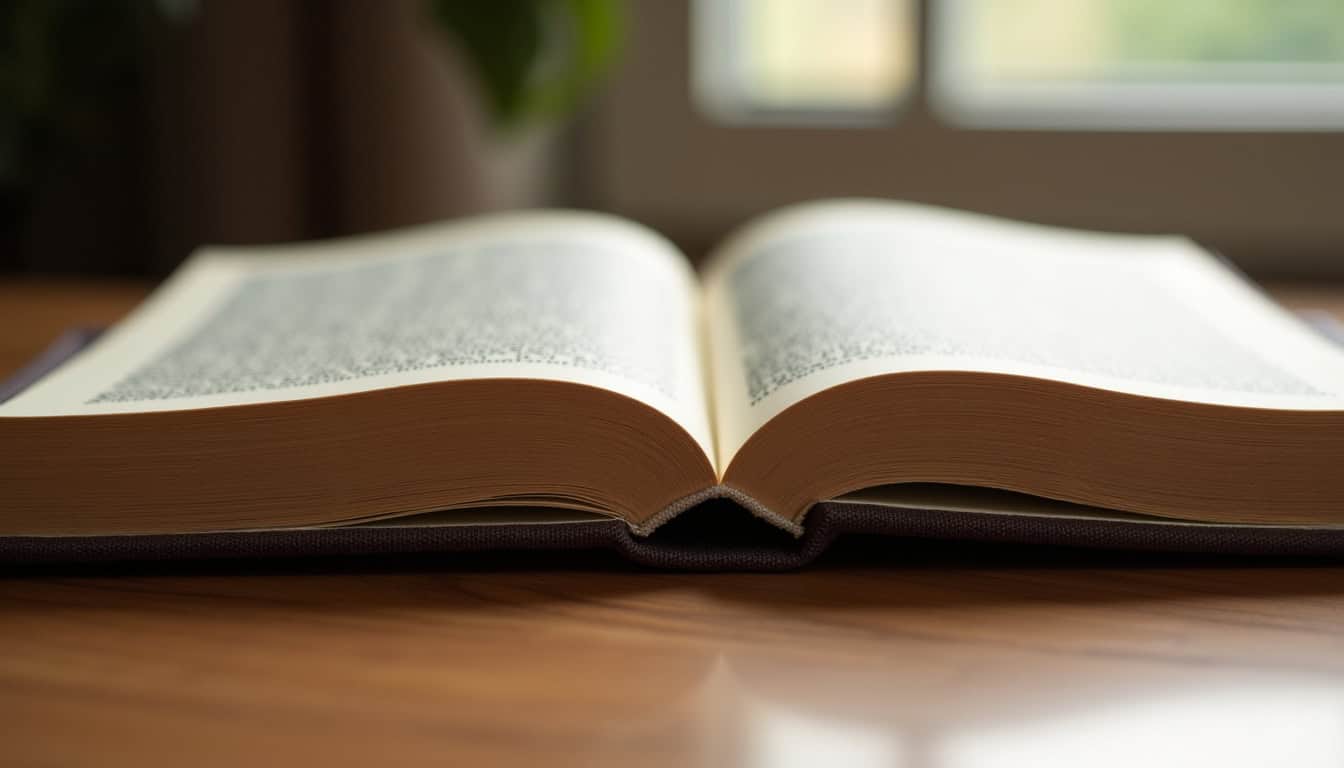 Livre relié ouvert sur une table, montrant la solidité du dos et la qualité de la reliure cousue