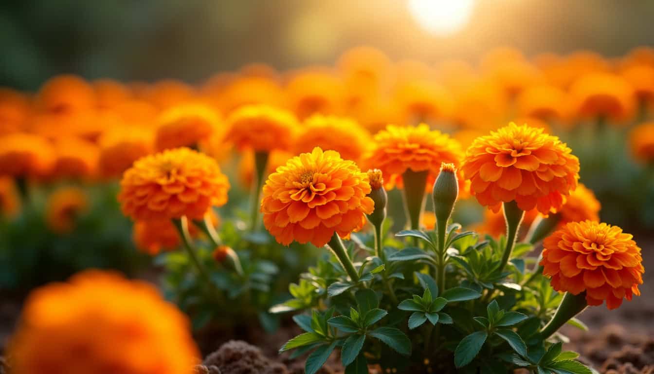 Massif de Tagètes en plein soleil, en pleine floraison, montrant leur besoin d