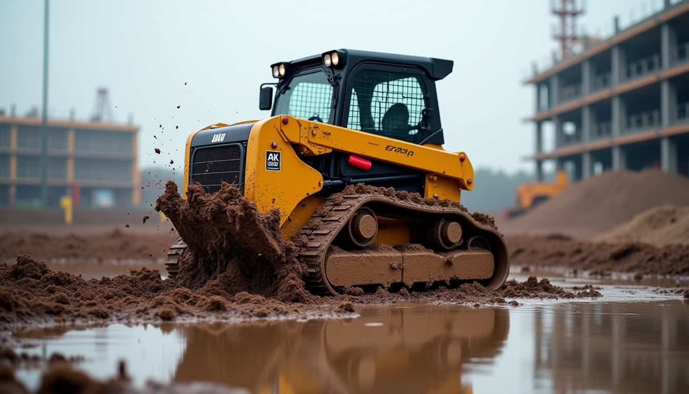 Mini-dumper sur chenilles en action dans un terrain boueux, démontrant sa traction et sa stabilité