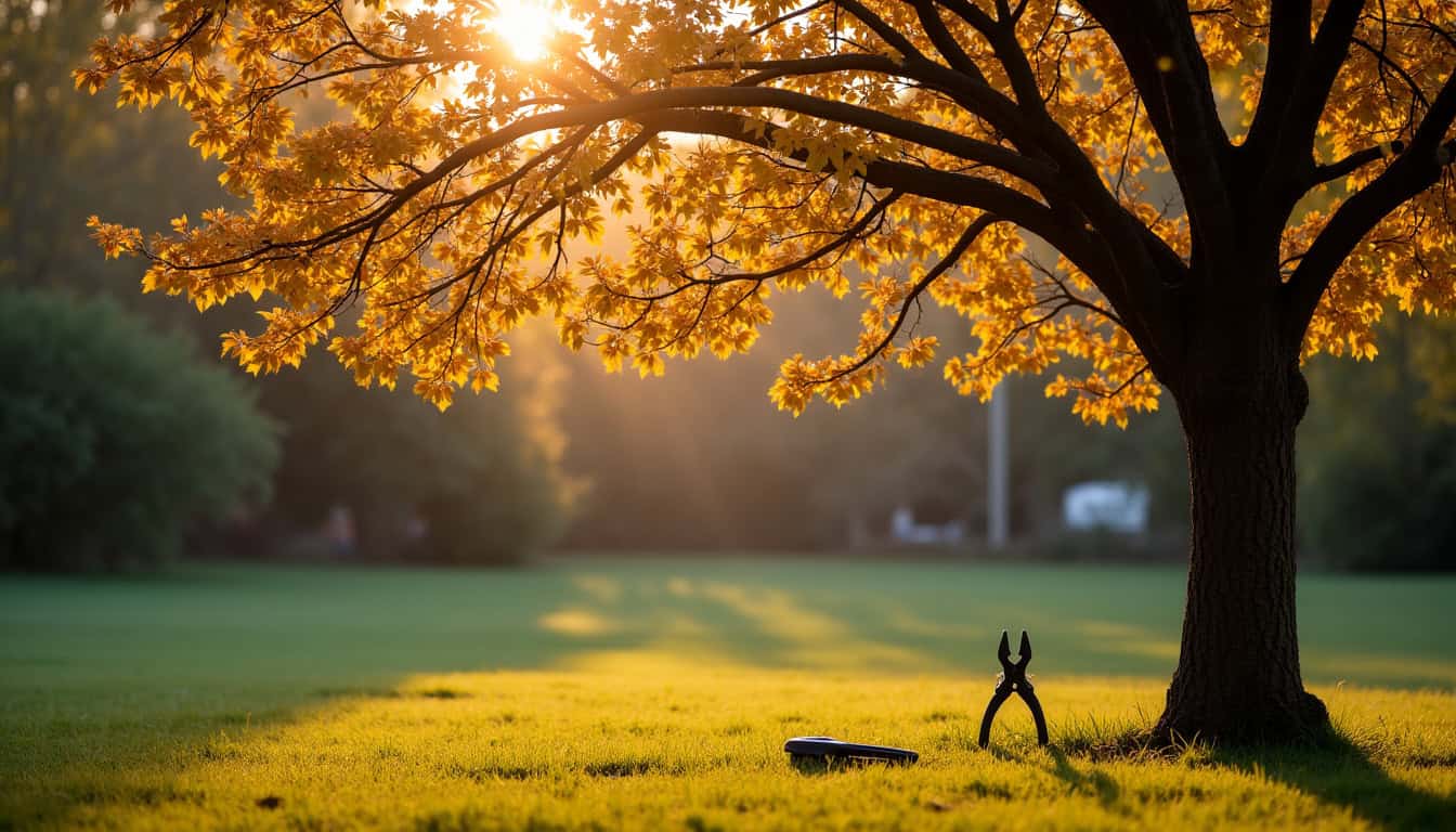 Mûrier platane en automne, prêt à être taillé avant la chute complète des feuilles