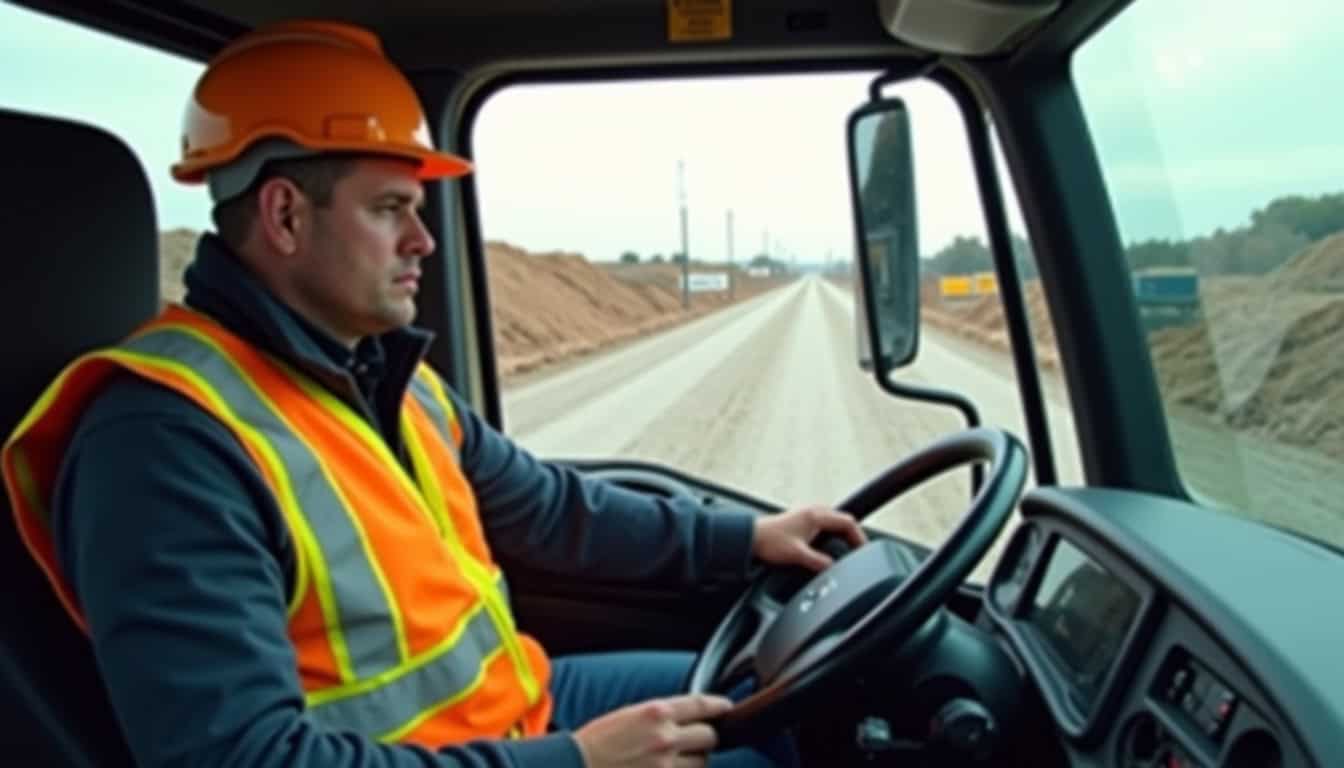 Opérateur portant un casque et un gilet de sécurité, en train de conduire un dumper sur un chantier, illustrant les règles de sécurité