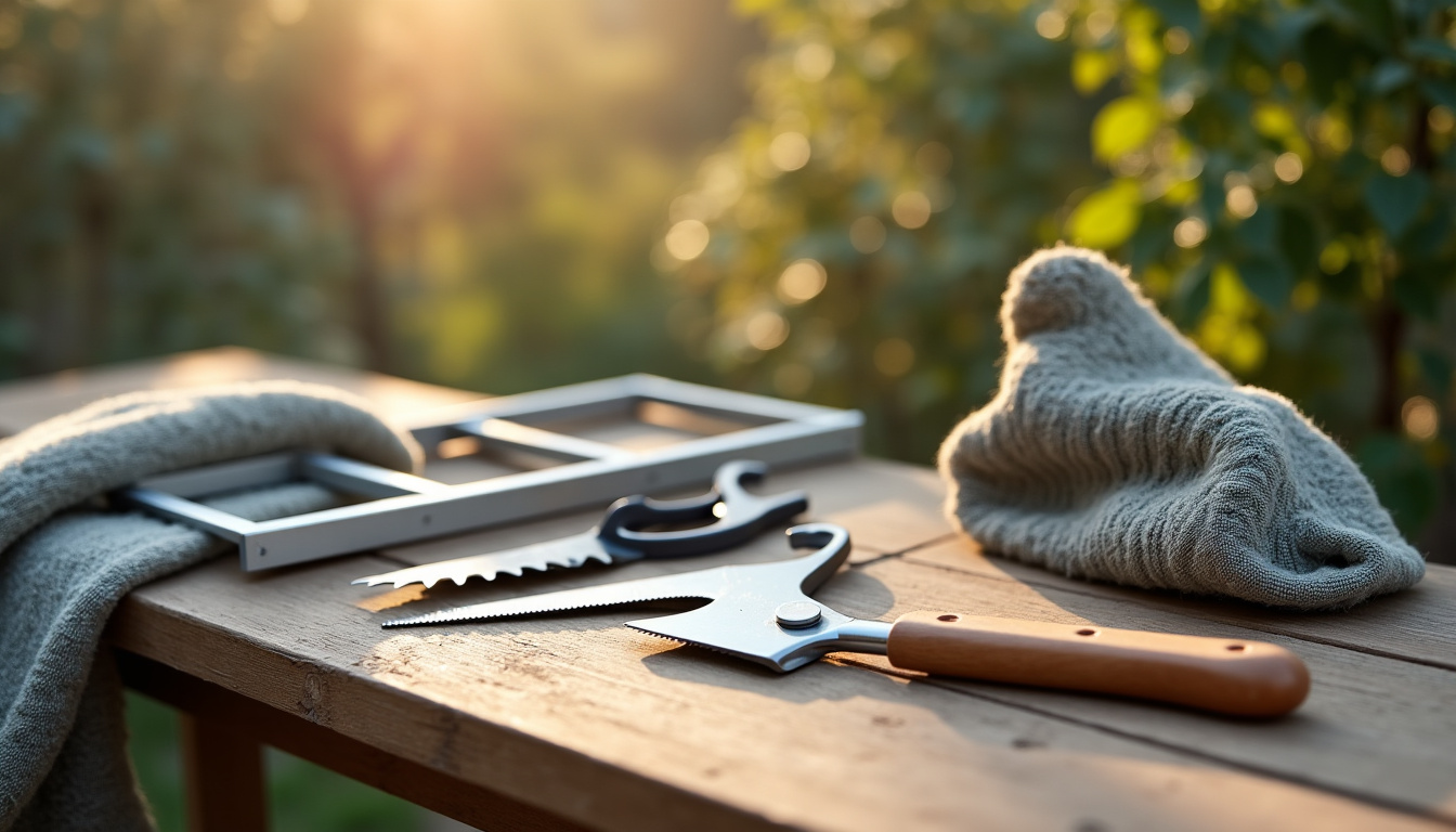 Photographie des outils utilisés pour tailler un mûrier platane: sécateur, scie d’élagage, escabeau et bâche de récupération
